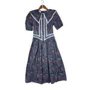 Vintage Gunne Sax Calico Cottagecore Prairie Dress Paisley Lace Trim 7 Small USA